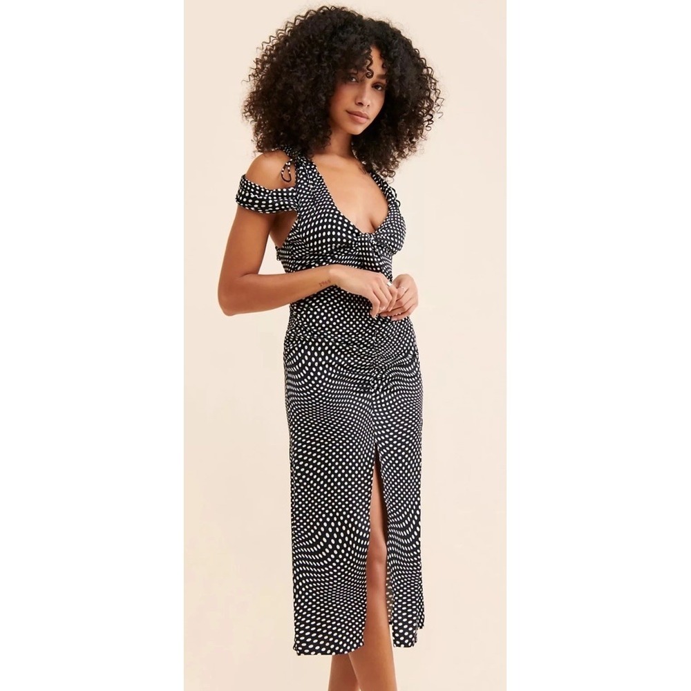 For Love & Lemons Women's Beth Polka Dot Front-Slit Midi Dress Black Size XS NWT